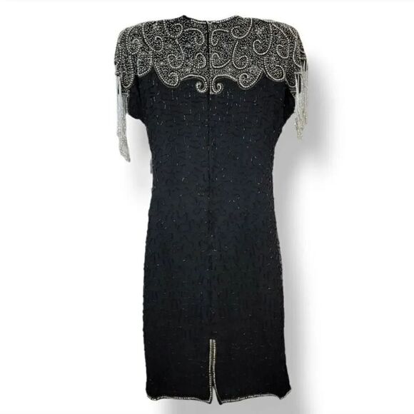 NEW 80s Vintage Lawrence Kazar 100% Silk Beaded and Pearls Evening Gown in Black - Picture 10 of 14